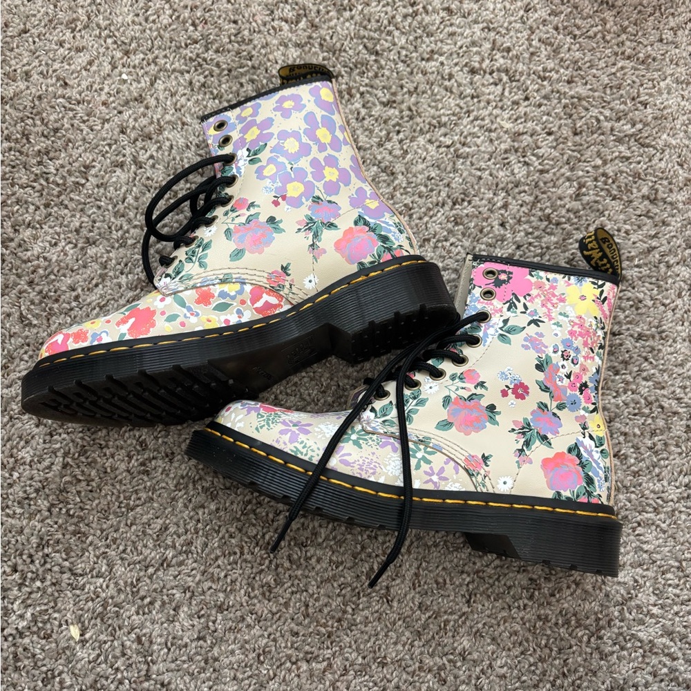 Dr. Martens Cream Floral Combat Boots with Black Sole